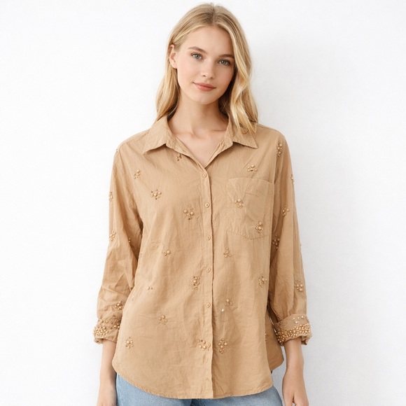 Maeve Tops - Anthropologie Maeve Bennet Button Shirt Pearl Embellished Art Deco Tan Medium